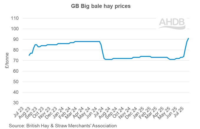 Graph showing GB big bale hay weekly prices 27 July 2025.